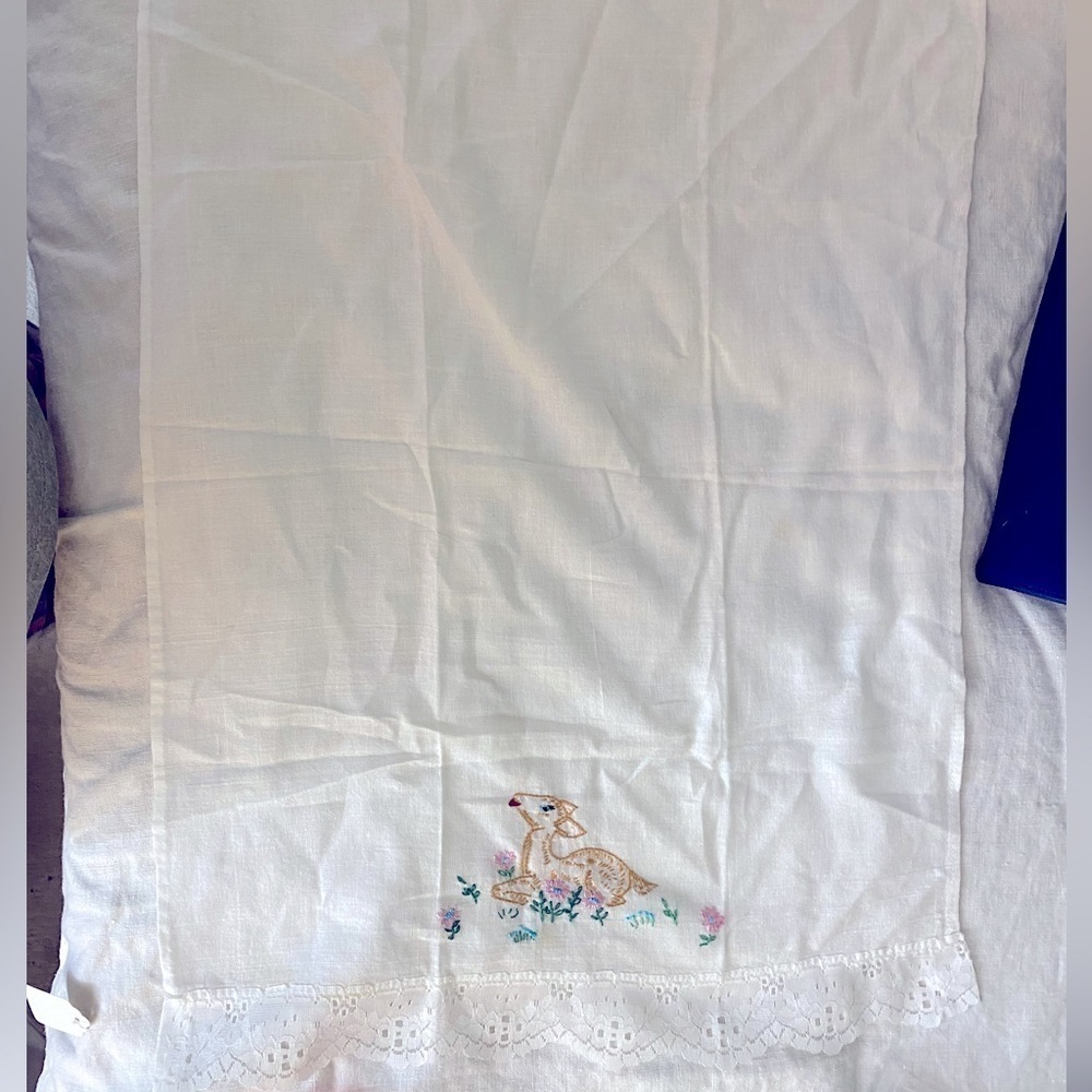 Dish towel vintage hand stitched deer with flowers lace edge made in India